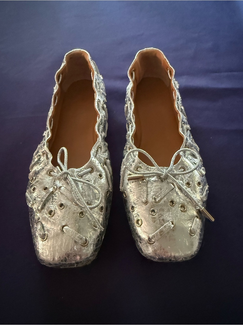 Chloe Metallic Silver Lace-Up Square-Toe Flats